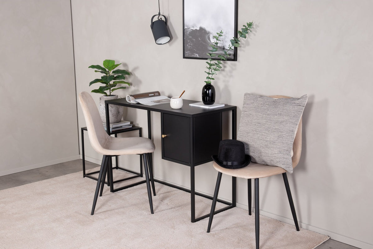 Schwarzer Schreibtisch Bakal Desk aus Stahl mit seitlichem quadratischem Schrank, Tür mit messingfarbenem Knauf und oberer Ablagefläche.