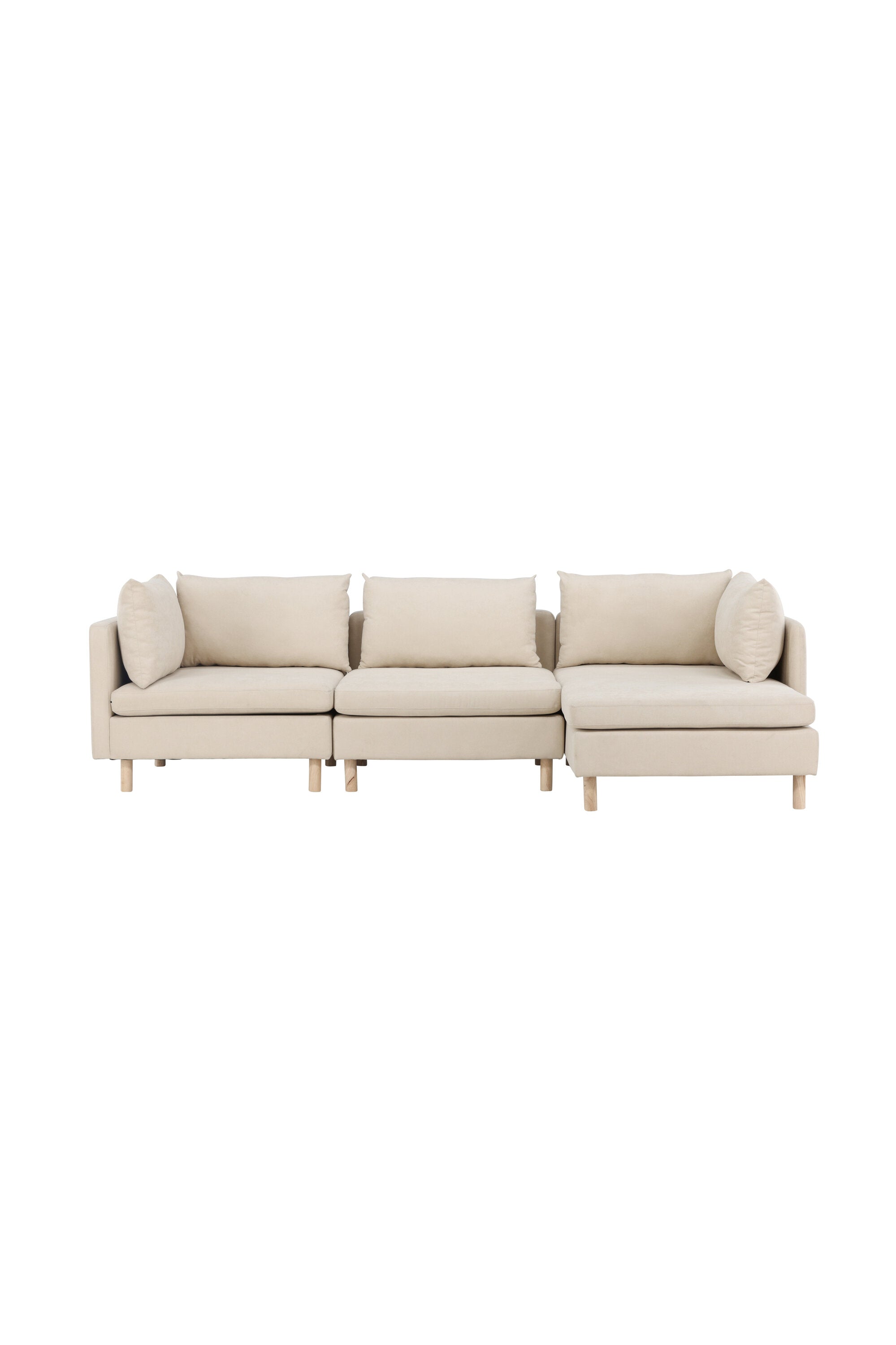 Elegantes Zero-Sofa in Beige: Komfort & Stil, weicher Polyester, helle Holzbeine, grosszügige Kissen, 277x83/152x83cm.