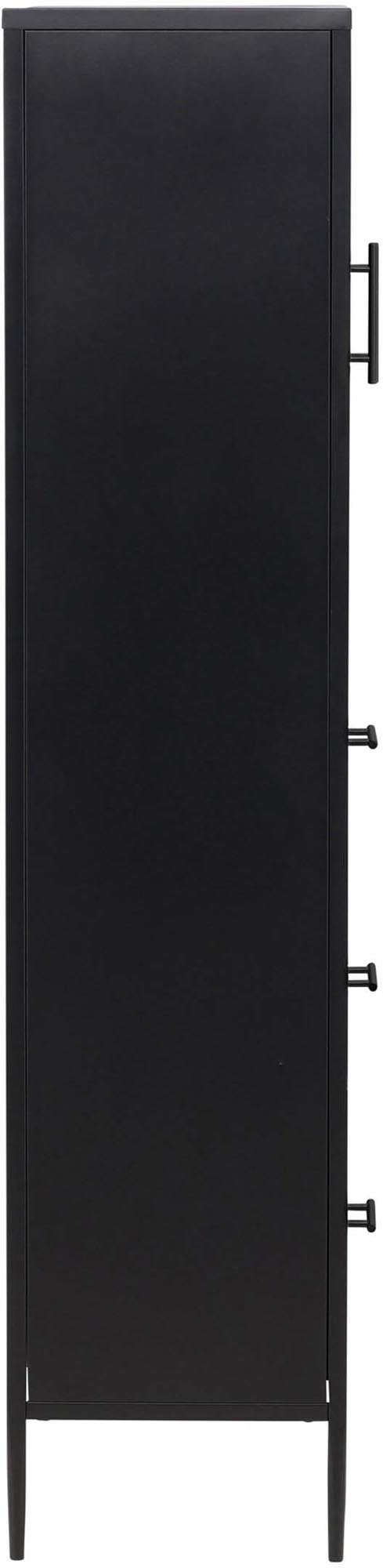 Entdecken Sie den eleganten Kabinett La Paz von Venture Home. Schwarz pulverbeschichtet, mit Glastüren und stabilen Schubladen für stilvolle Aufbewahrung.