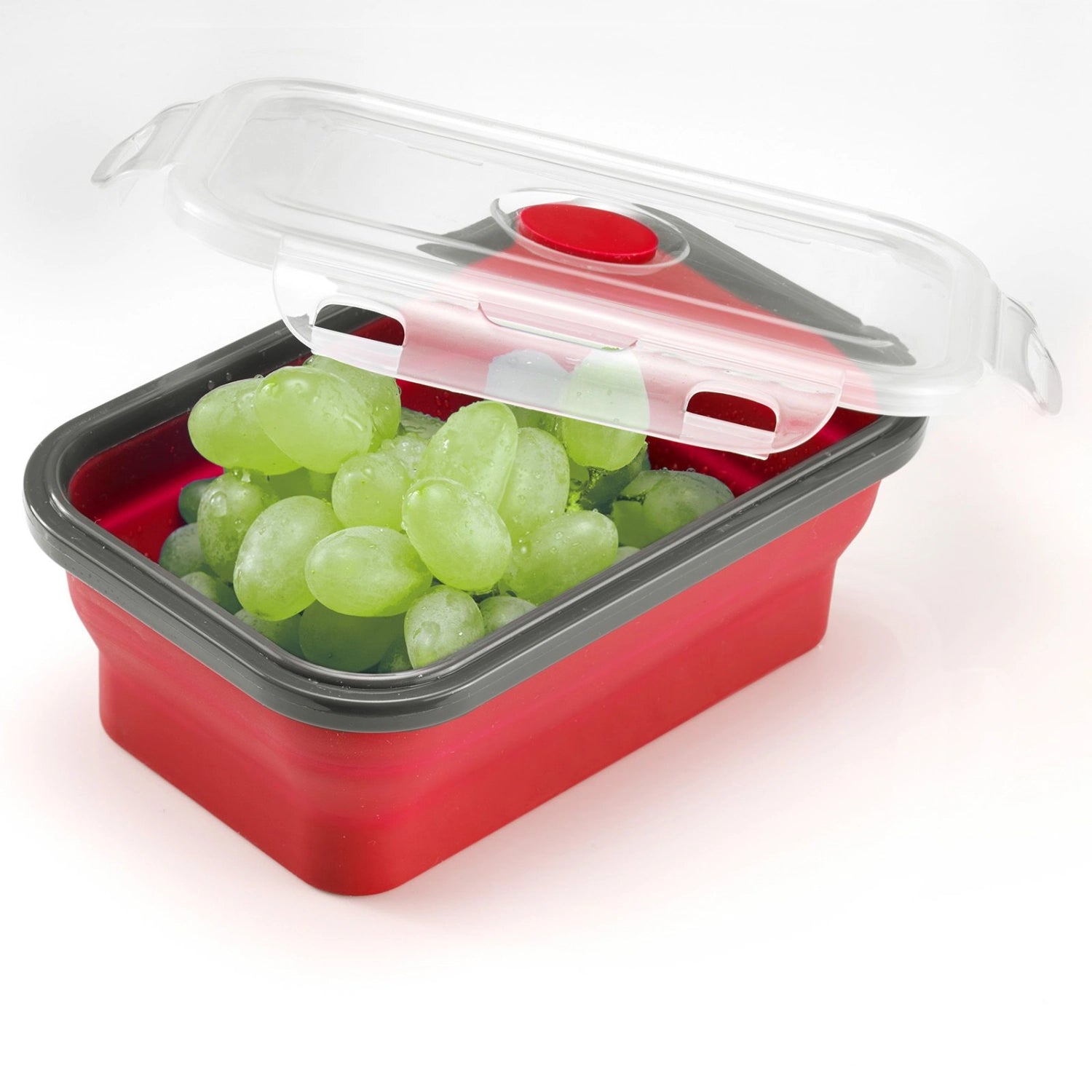 Praktische, faltbare Frischhaltedose in Rot mit 1350 ml Fassungsvermögen, perfekt für die sichere Lagerung von Lebensmitteln.