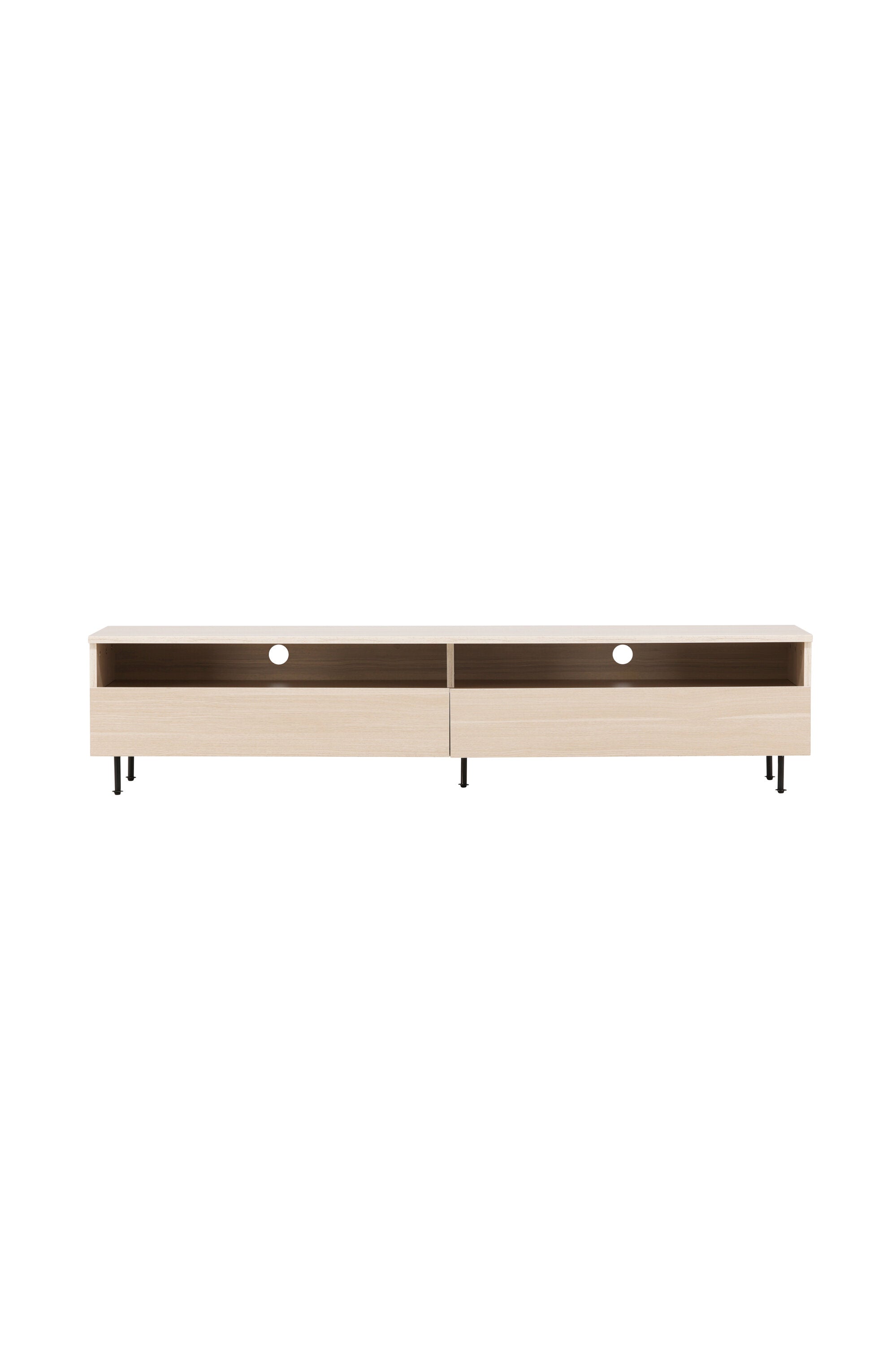 Das Navarra TV-Sideboard vereint nordisches Design mit intelligenter Aufbewahrung: Schubladen, offene Regale und elegante Beine.