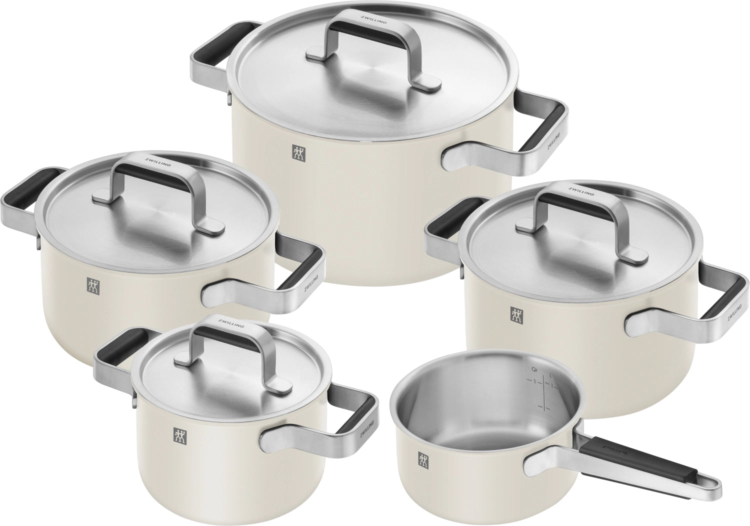 Hochwertiges 5-teiliges Kochtopfset in Elfenbeinweiß von Zwilling, perfekt für stilvolles Kochen und vielseitige Rezepte.