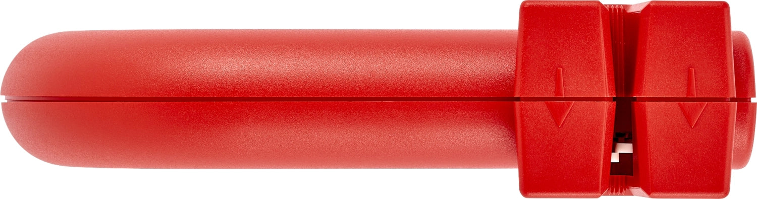 Kompakter TWINSHARP Messerschärfer in leuchtendem Rot von Zwilling, perfekt für das mühelose Schärfen aller Küchenmesser.