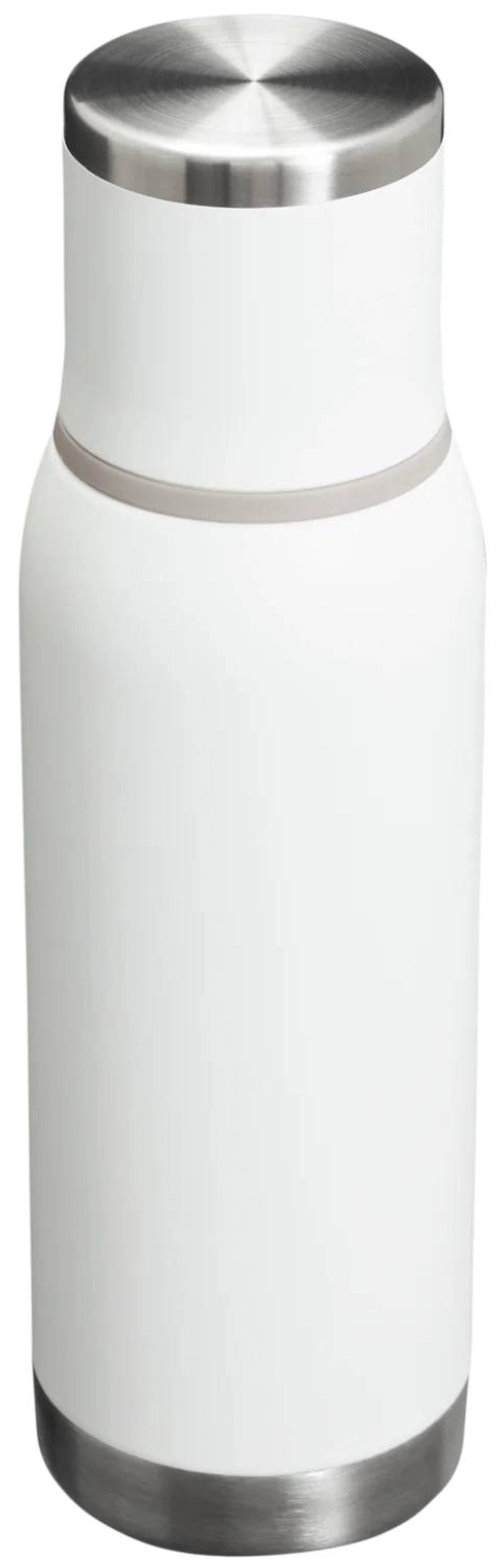 Weisse Thermosflasche aus Edelstahl von Stanley, Adventure To-Go 0.75l Frost, mit schlanker Silhouette und breiter Öffnung, stehend fotografiert.