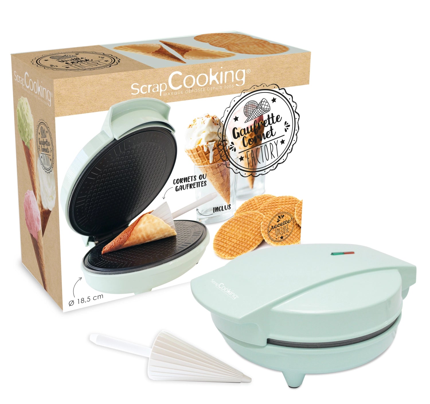 Innovatives Küchengerät von Scrap Cooking zur einfachen Zubereitung von Waffeln und Cornets für süße Leckereien.