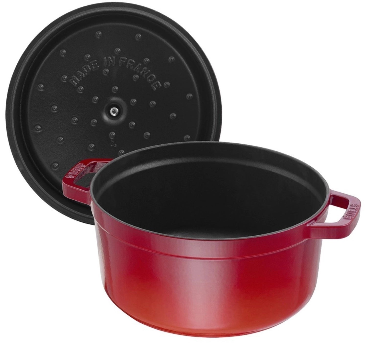 Runde Cocotte in leuchtendem Kirsch-Rot, 18 cm, aus robustem Gusseisen, perfekt für köstliche Rezepte und vielseitige Kochanwendungen.