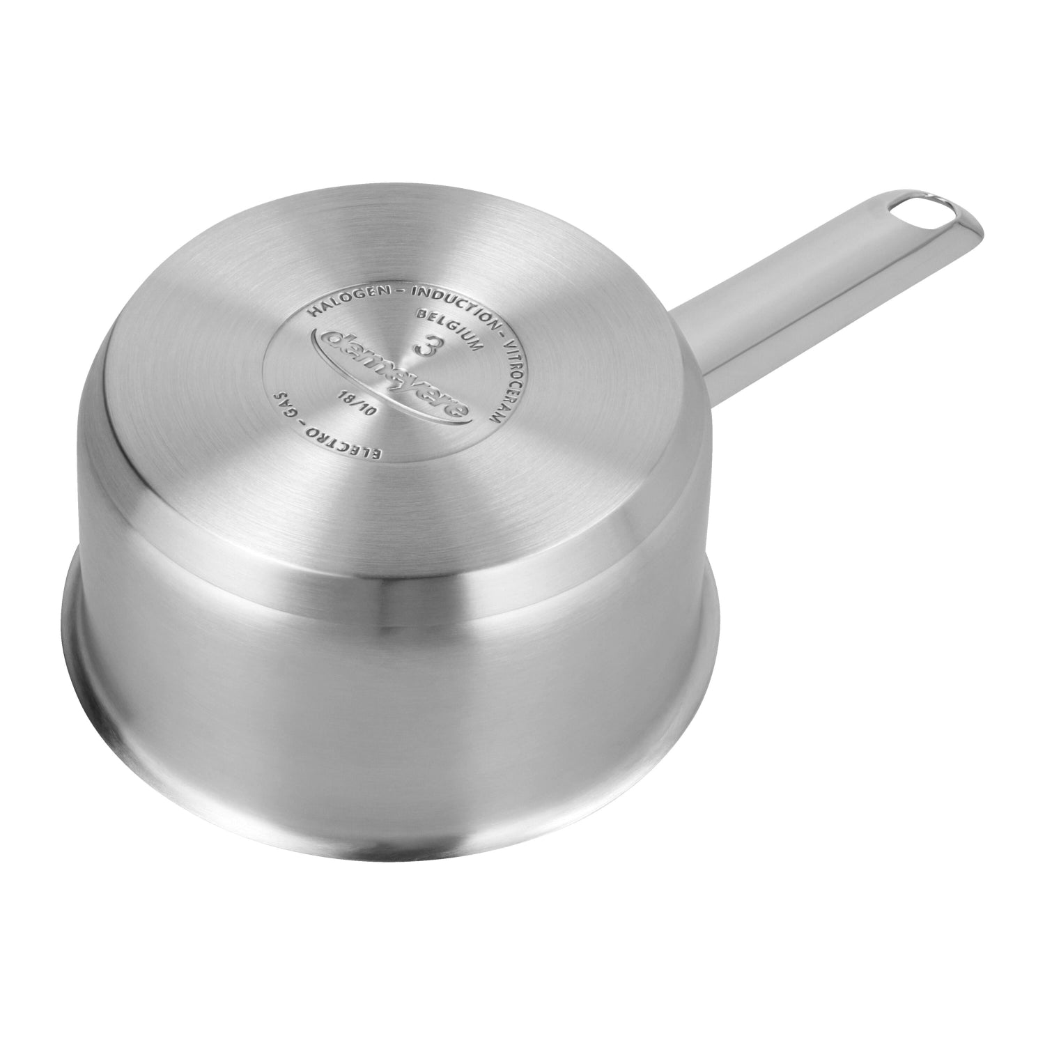 Kompakte 12 cm Saucenpfanne aus robustem Edelstahl von Demeyere, ideal für die Zubereitung von Saucen und kleinen Speisen in der Küche.