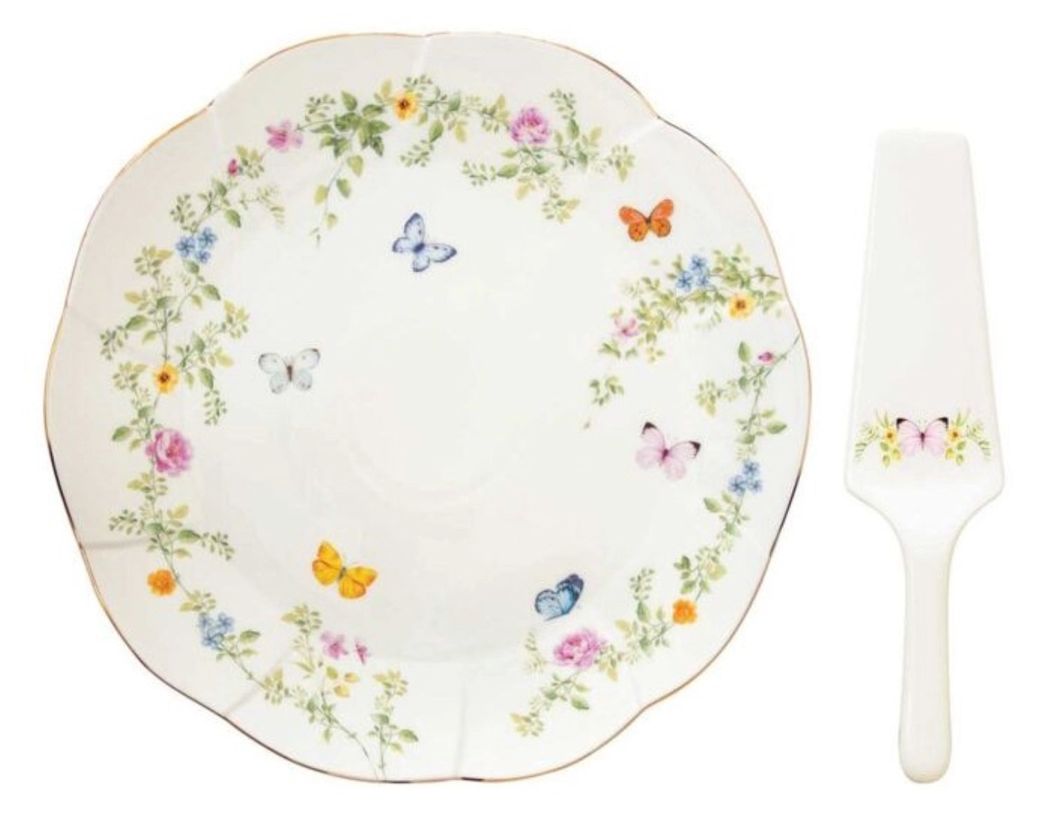 Assiette à gâteau Dancing Butterflies avec pelle D32cm en porcelaine.