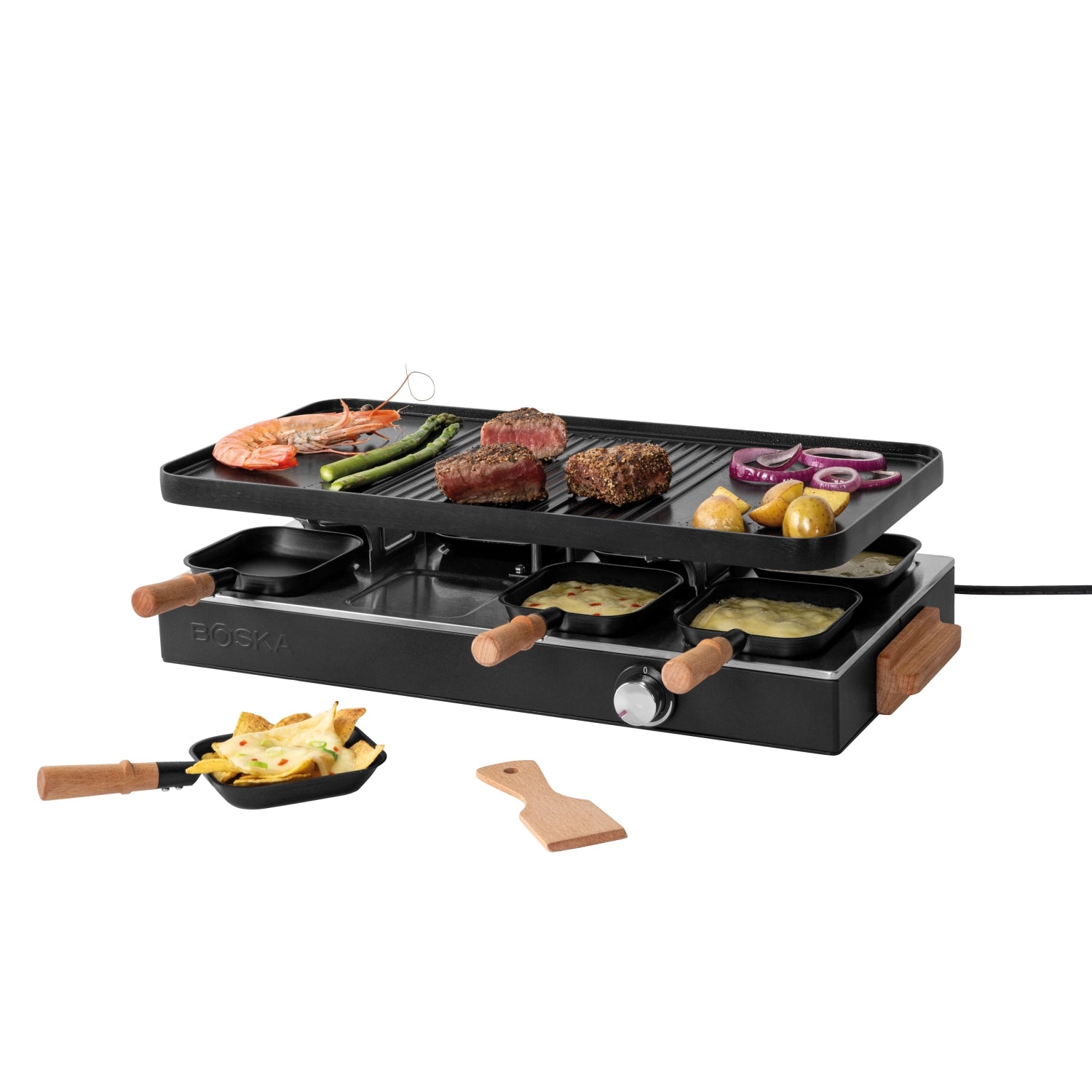 Party Raclette für 8 Personen 53.4x26cm H14.5cm Buche in Schwarz präsentiert im Onlineshop von KAQTU Design AG. Küchenhelfer ist von Boska