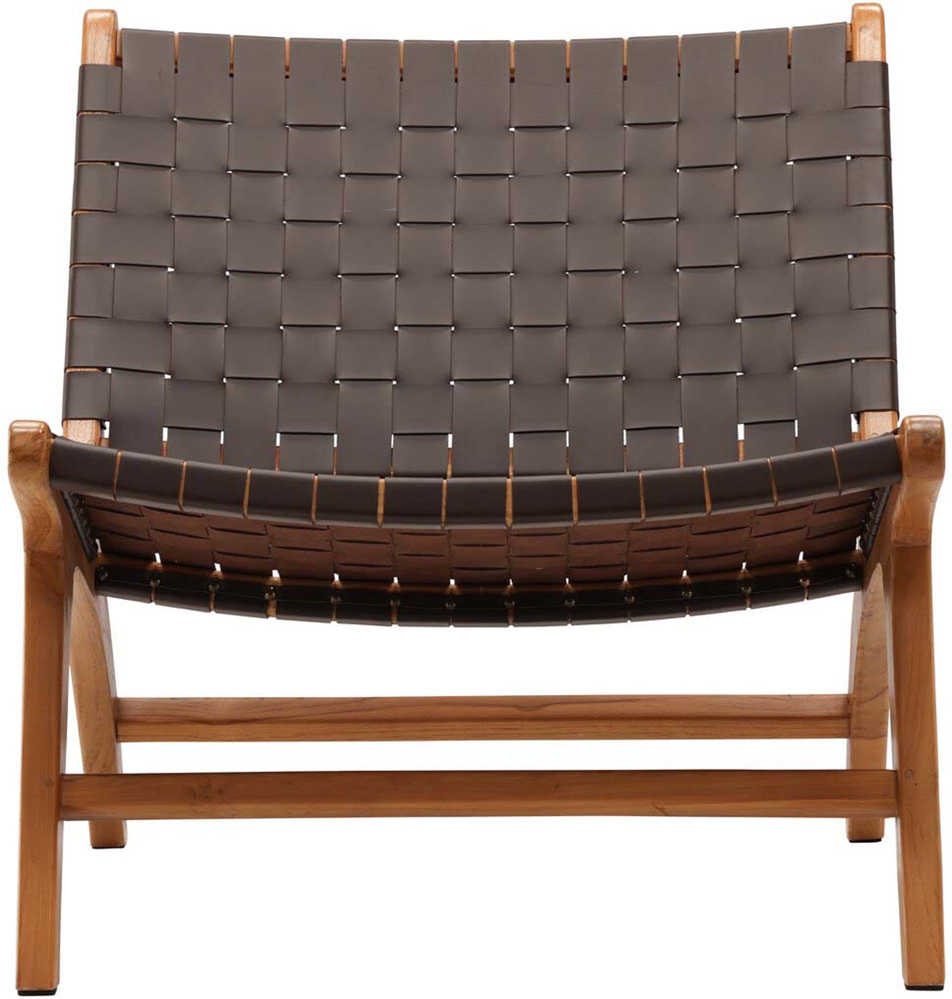 Eleganter Rike Sessel von Vind: Teakholz, geflochtene Rückenlehne, braunes PU, zeitloses Design, hoher Sitzkomfort.