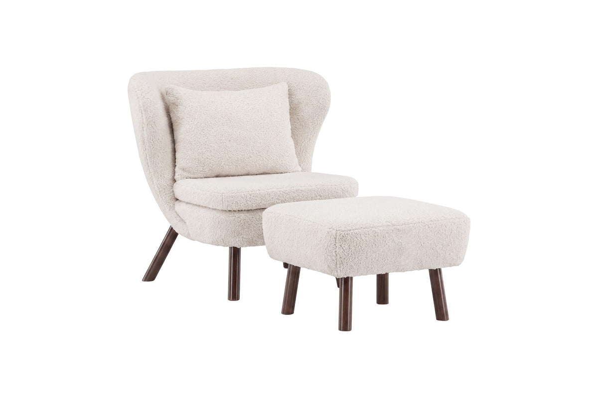 Weisser Loungesessel mit Bouclé-Bezug aus Polyester, Schaumstofffüllung und braunen Stahlbeinen im Holzeffekt-Design, Sitzhöhe 43 cm.