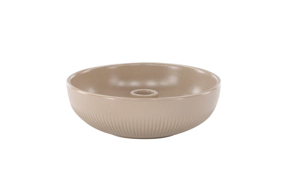 Runder Kerzenständer Posh von Venture Home aus glasiertem Steinzeug in Beige, Durchmesser 18 cm, Höhe 6 cm, schlichte Form.