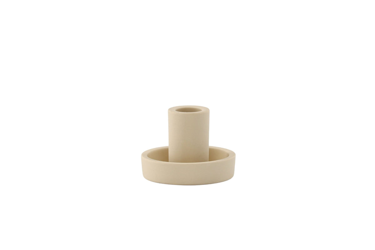 Runder weisser Kerzenständer Ceco aus Ton mit schlichter, minimalistischer Form, Durchmesser 11 cm, Höhe 6 cm.