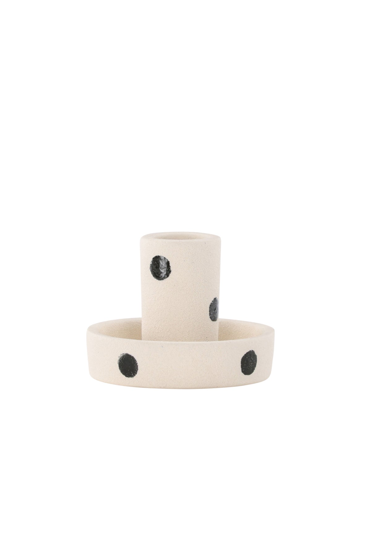 Runder weisser Kerzenständer Ceco aus Ton mit schlichter, minimalistischer Form, Durchmesser 11 cm, Höhe 6 cm.