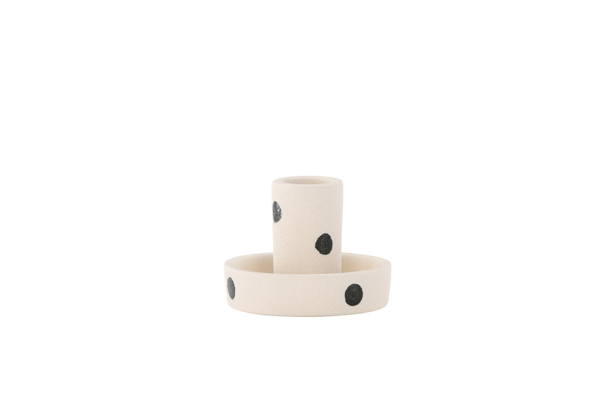 Runder weisser Kerzenständer Ceco aus Ton mit schlichter, minimalistischer Form, Durchmesser 11 cm, Höhe 6 cm.