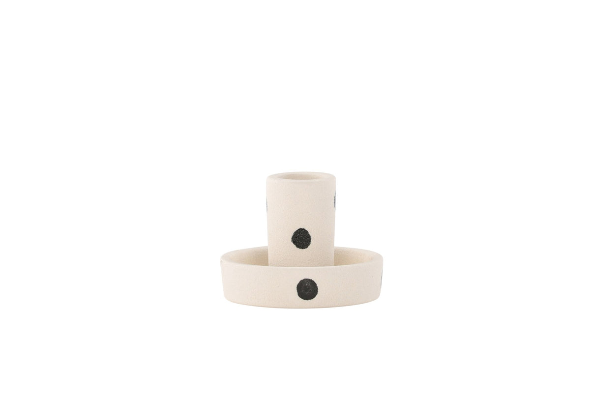 Runder weisser Kerzenständer Ceco aus Ton mit schlichter, minimalistischer Form, Durchmesser 11 cm, Höhe 6 cm.
