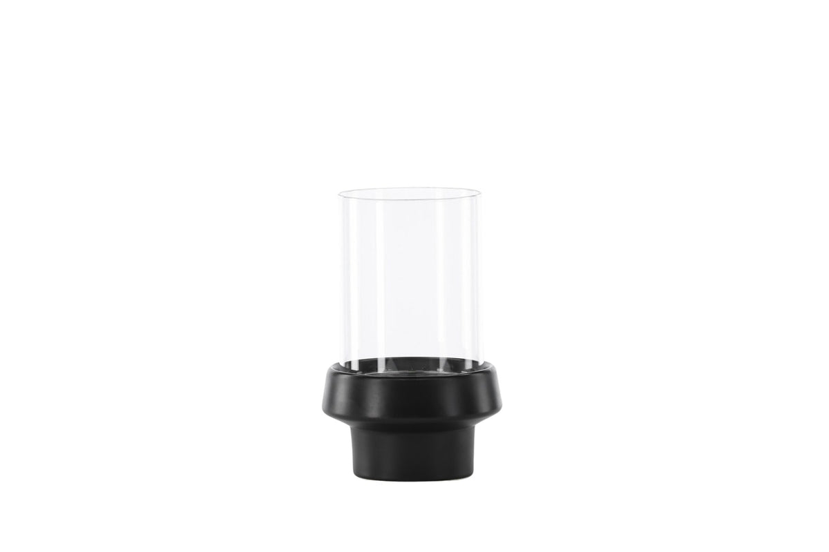 Teelichthalter Davida von Venture Home aus Steinzeug in Schwarz mit klaren Glasdetails, Grösse D: 13 cm x H: 20 cm, rundes Design.