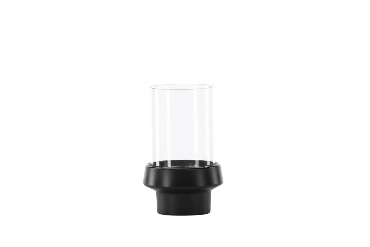 Teelichthalter Davida von Venture Home aus Steinzeug in Schwarz mit klaren Glasdetails, Grösse D: 13 cm x H: 20 cm, rundes Design.