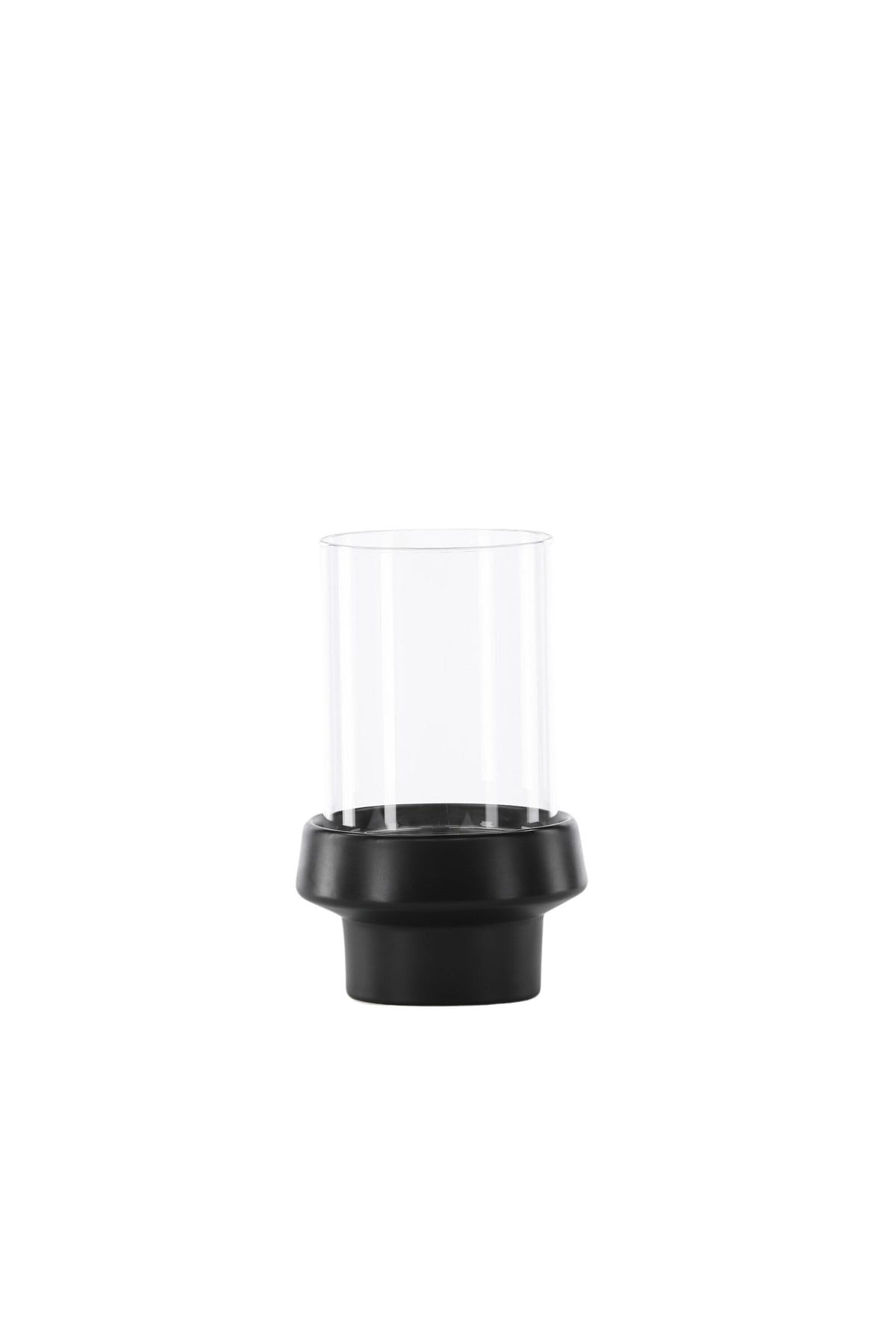 Teelichthalter Davida von Venture Home aus Steinzeug in Schwarz mit klaren Glasdetails, Grösse D: 13 cm x H: 20 cm, rundes Design.