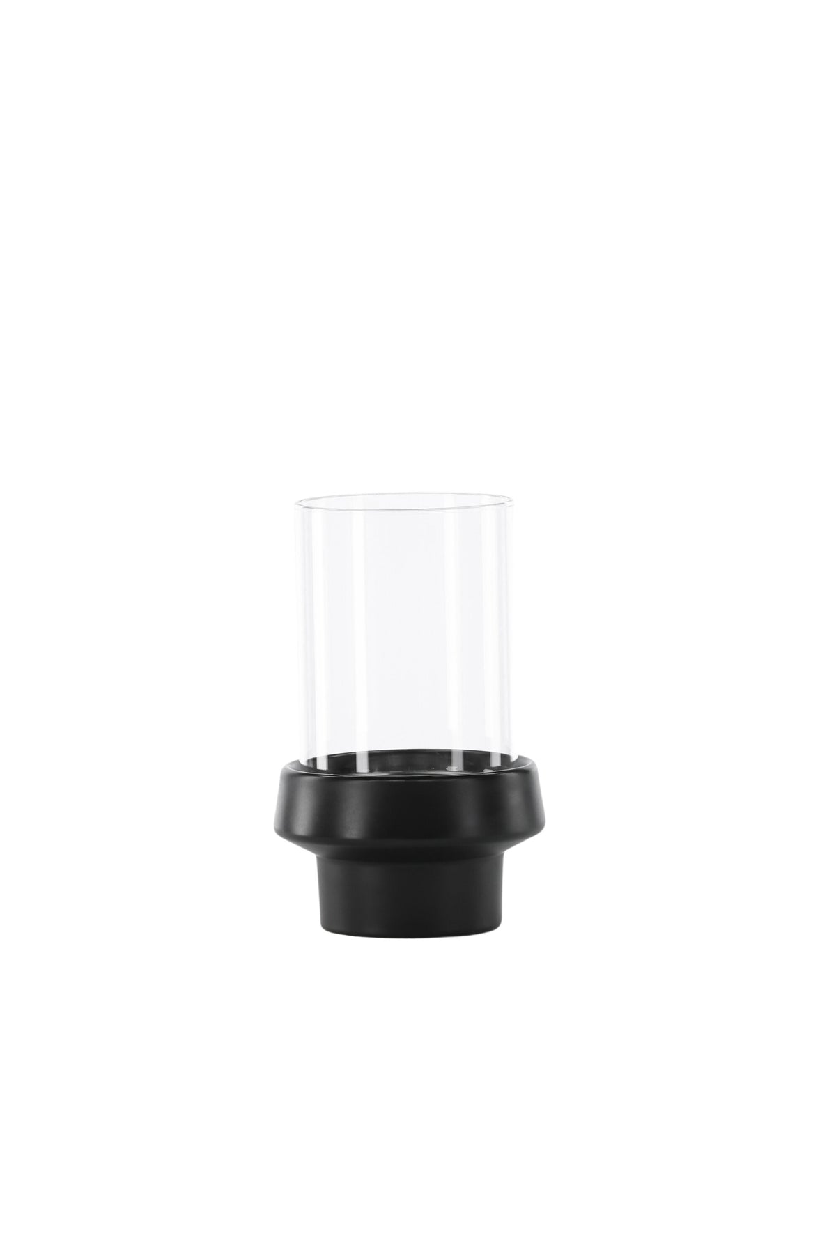 Teelichthalter Davida von Venture Home aus Steinzeug in Schwarz mit klaren Glasdetails, Grösse D: 13 cm x H: 20 cm, rundes Design.