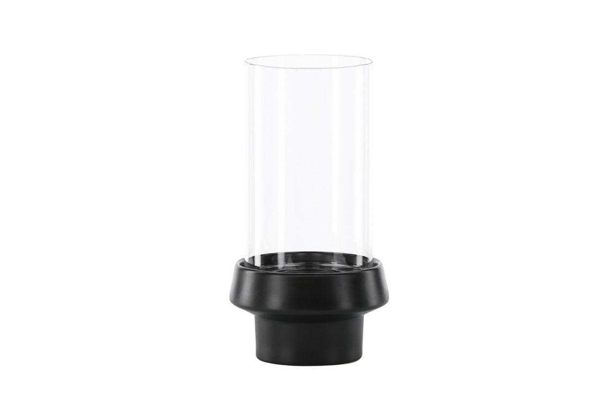 Teelichthalter Davida von Venture Home aus Steinzeug in Schwarz mit klaren Glasdetails, Grösse D: 13 cm x H: 20 cm, rundes Design.