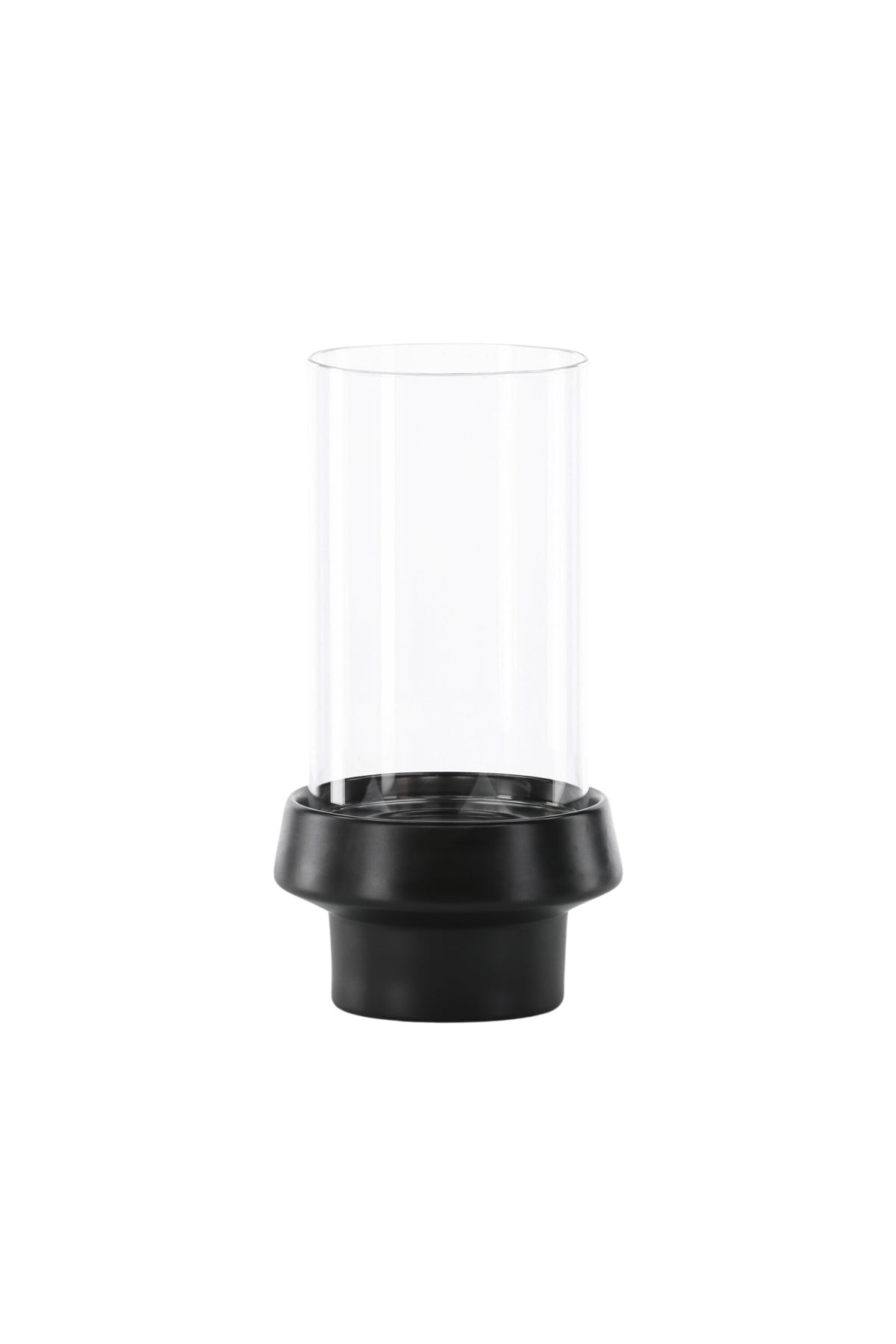 Teelichthalter Davida von Venture Home aus Steinzeug in Schwarz mit klaren Glasdetails, Grösse D: 13 cm x H: 20 cm, rundes Design.