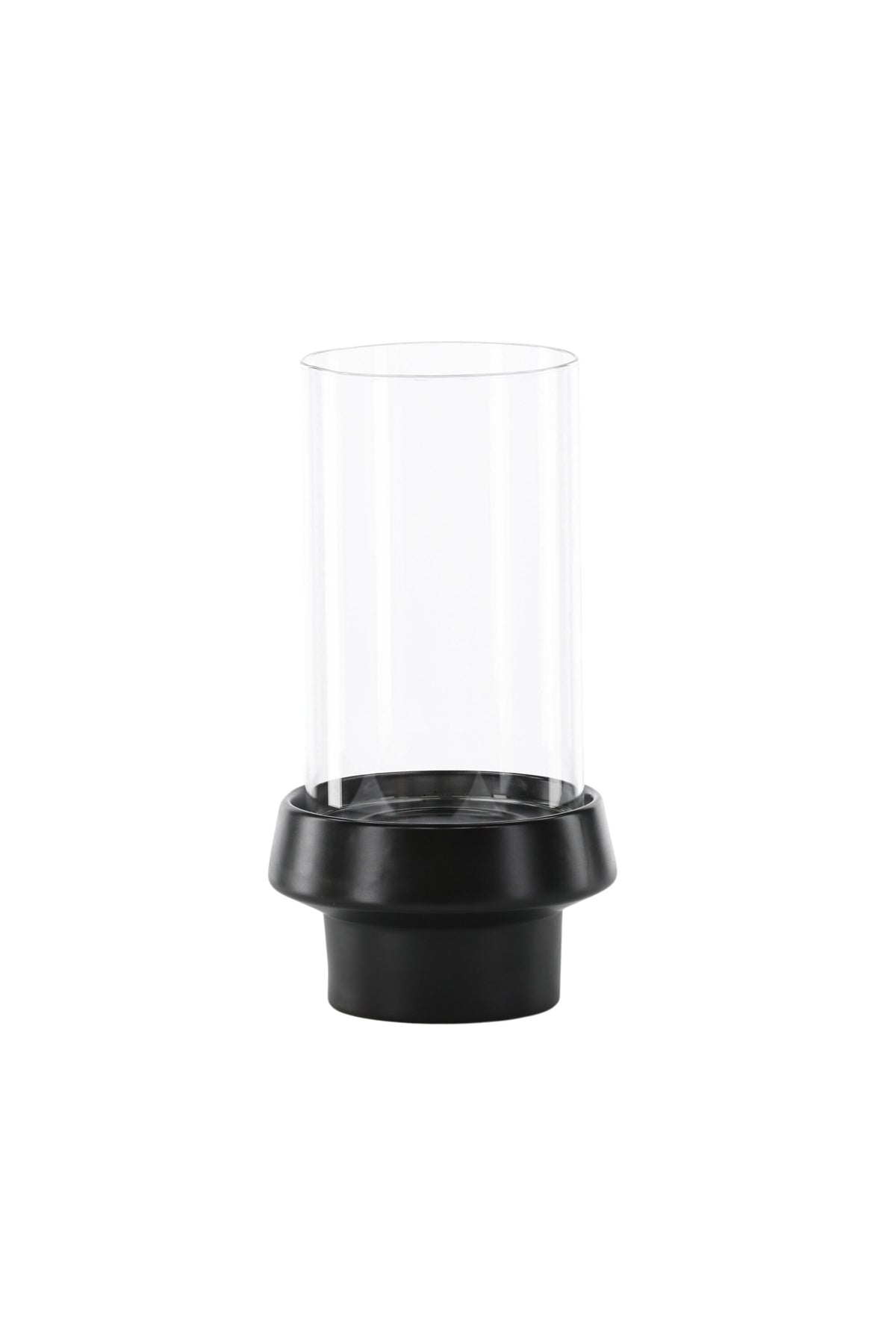 Teelichthalter Davida von Venture Home aus Steinzeug in Schwarz mit klaren Glasdetails, Grösse D: 13 cm x H: 20 cm, rundes Design.