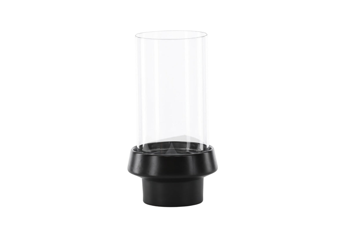 Teelichthalter Davida von Venture Home aus Steinzeug in Schwarz mit klaren Glasdetails, Grösse D: 13 cm x H: 20 cm, rundes Design.