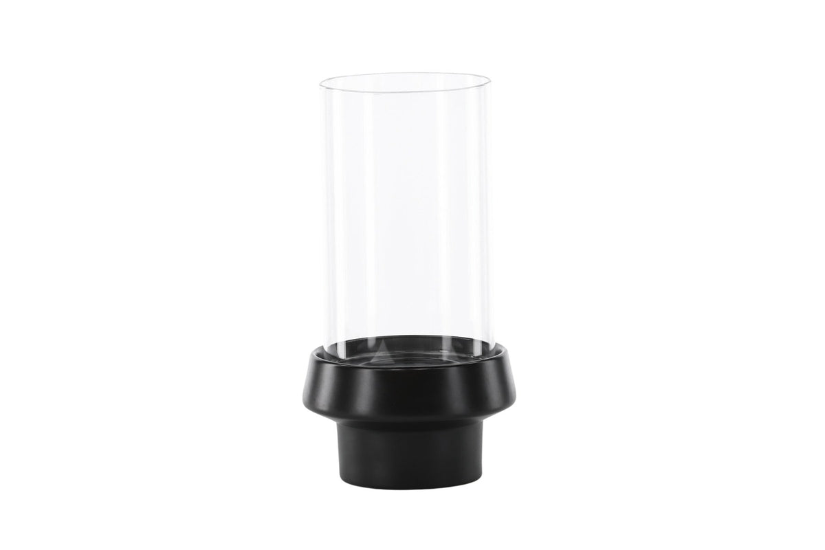 Teelichthalter Davida von Venture Home aus Steinzeug in Schwarz mit klaren Glasdetails, Grösse D: 13 cm x H: 20 cm, rundes Design.