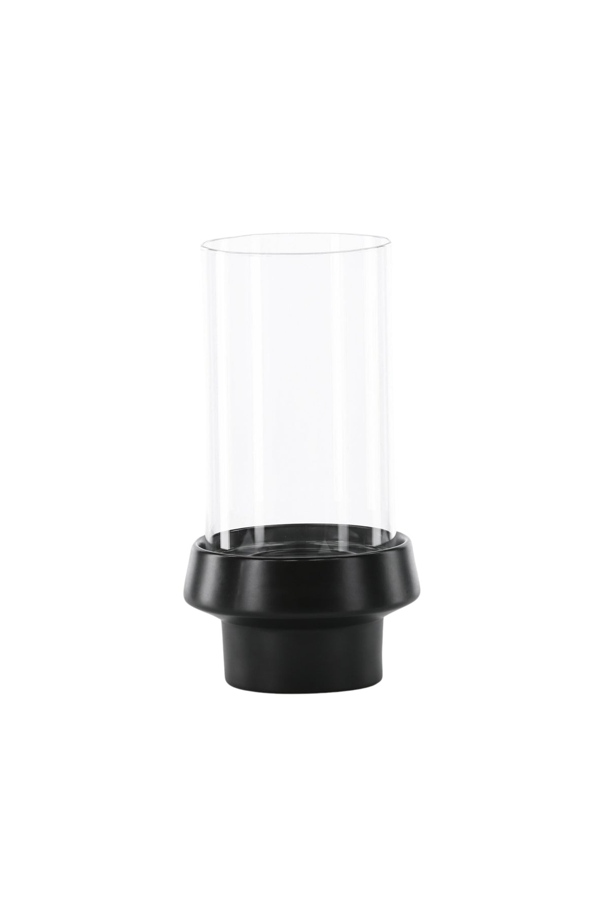 Teelichthalter Davida von Venture Home aus Steinzeug in Schwarz mit klaren Glasdetails, Grösse D: 13 cm x H: 20 cm, rundes Design.