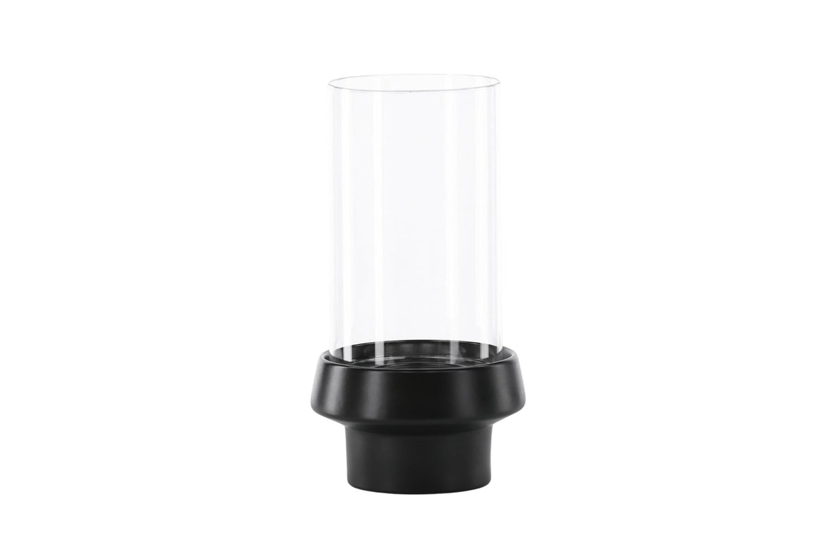 Teelichthalter Davida von Venture Home aus Steinzeug in Schwarz mit klaren Glasdetails, Grösse D: 13 cm x H: 20 cm, rundes Design.