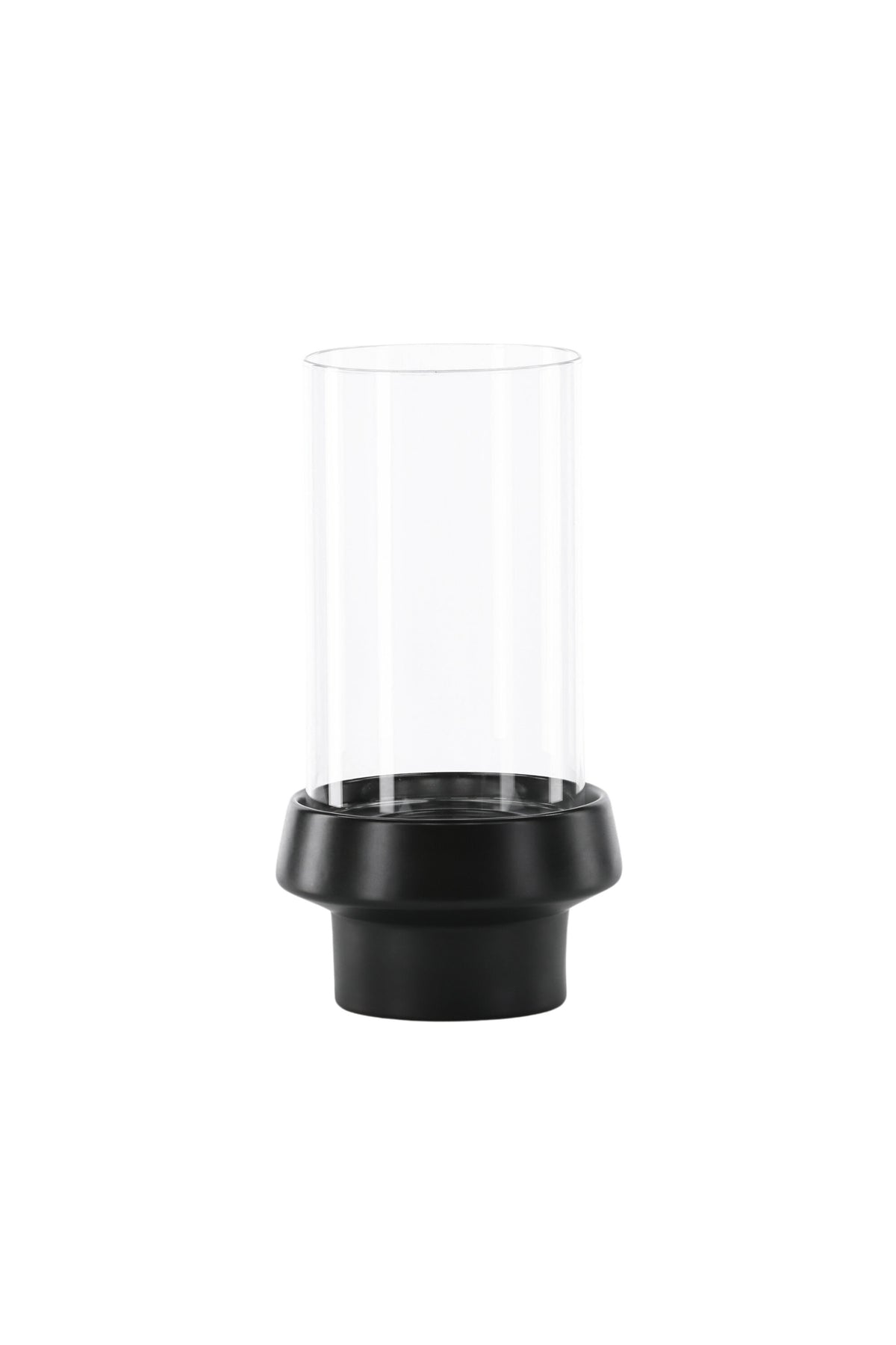 Teelichthalter Davida von Venture Home aus Steinzeug in Schwarz mit klaren Glasdetails, Grösse D: 13 cm x H: 20 cm, rundes Design.