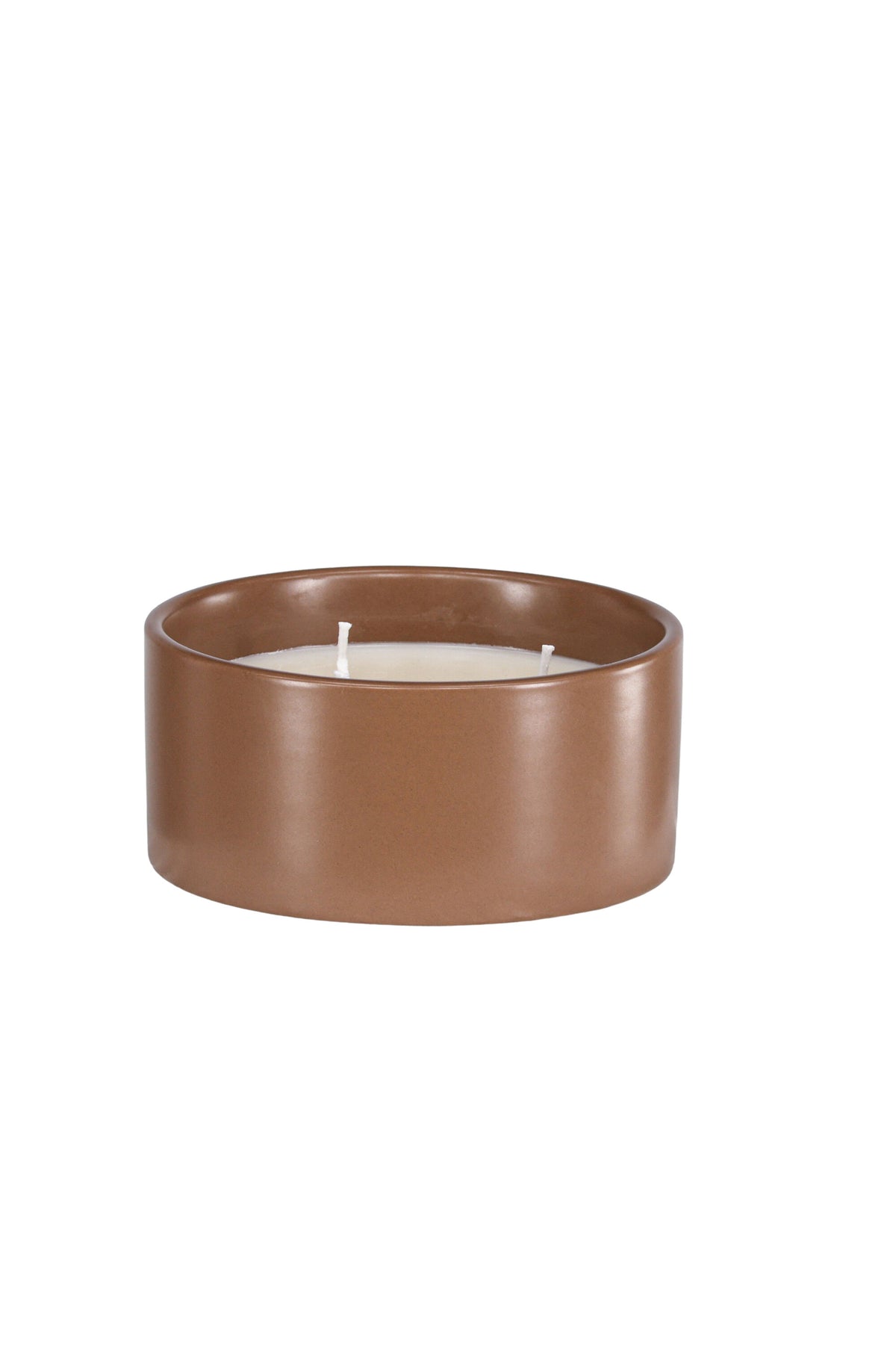 Runde Duftkerze aus braunem Keramikgefäss, Durchmesser 13 cm, Höhe 6 cm, von Venture Home aus der Serie Douglas.