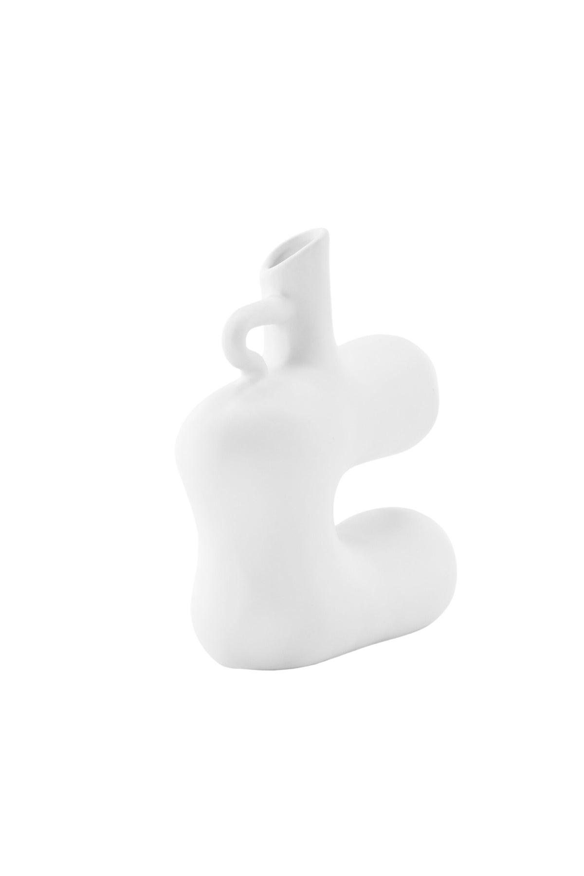 Weisse Vase Dity aus Steinzeug mit schmaler Öffnung, schlanker Form und glatter Oberfläche, freigestellt fotografiert.