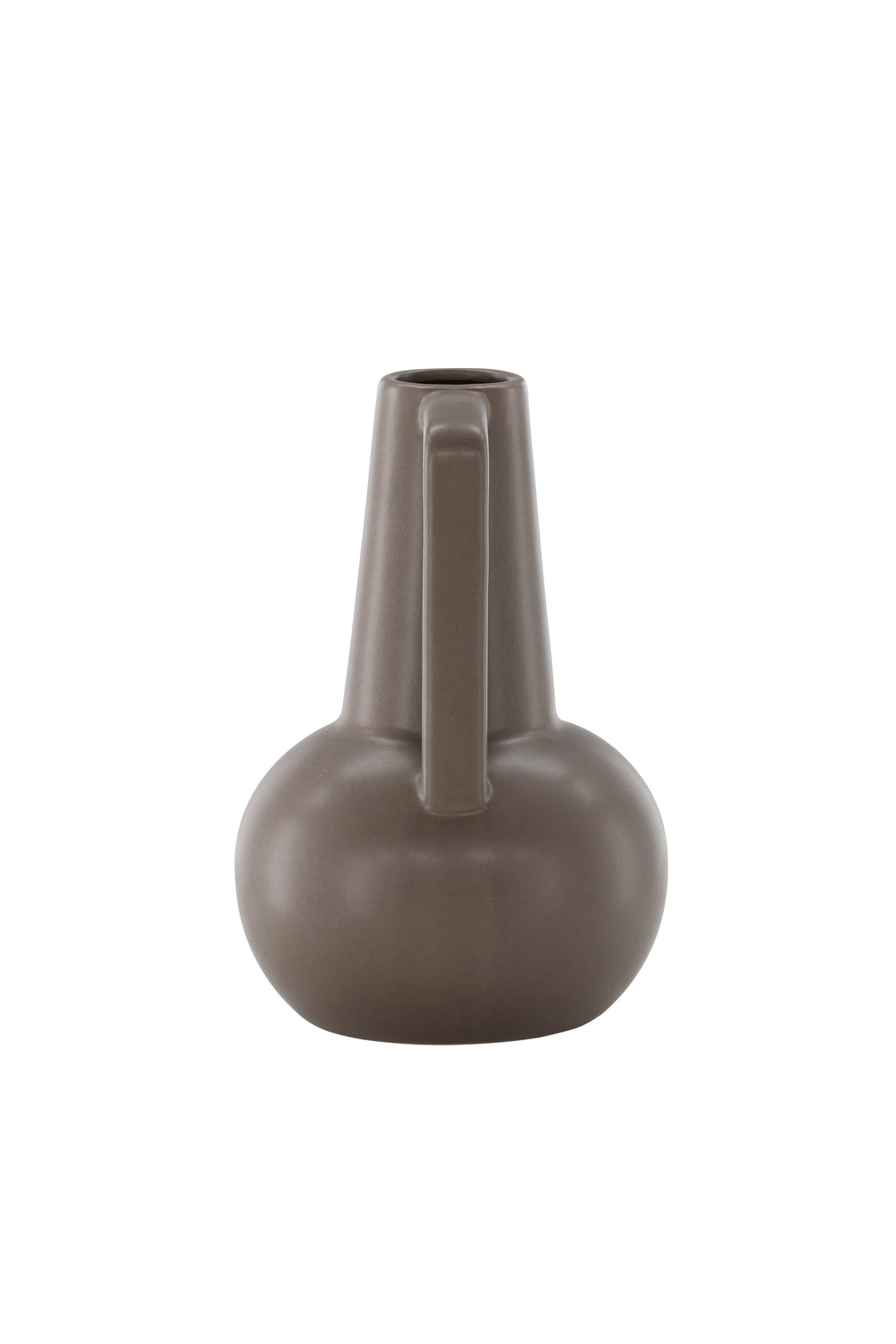 Zylindrische Vase aus Steinzeug in Beige und Schwarz mit seitlichem Griff, matte Oberfläche, Höhe 22 cm, Durchmesser 10 cm.