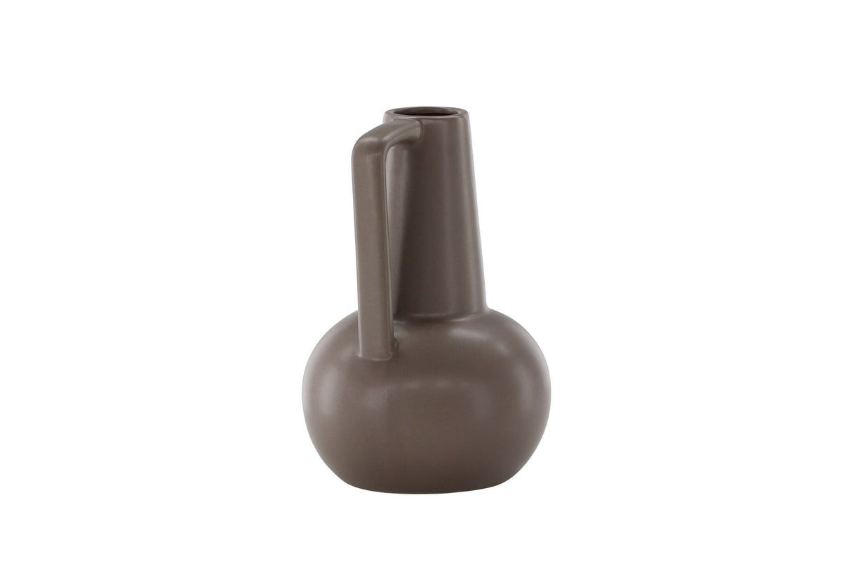 Zylindrische Vase aus Steinzeug in Beige und Schwarz mit seitlichem Griff, matte Oberfläche, Höhe 22 cm, Durchmesser 10 cm.