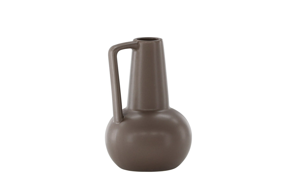 Zylindrische Vase aus Steinzeug in Beige und Schwarz mit seitlichem Griff, matte Oberfläche, Höhe 22 cm, Durchmesser 10 cm.