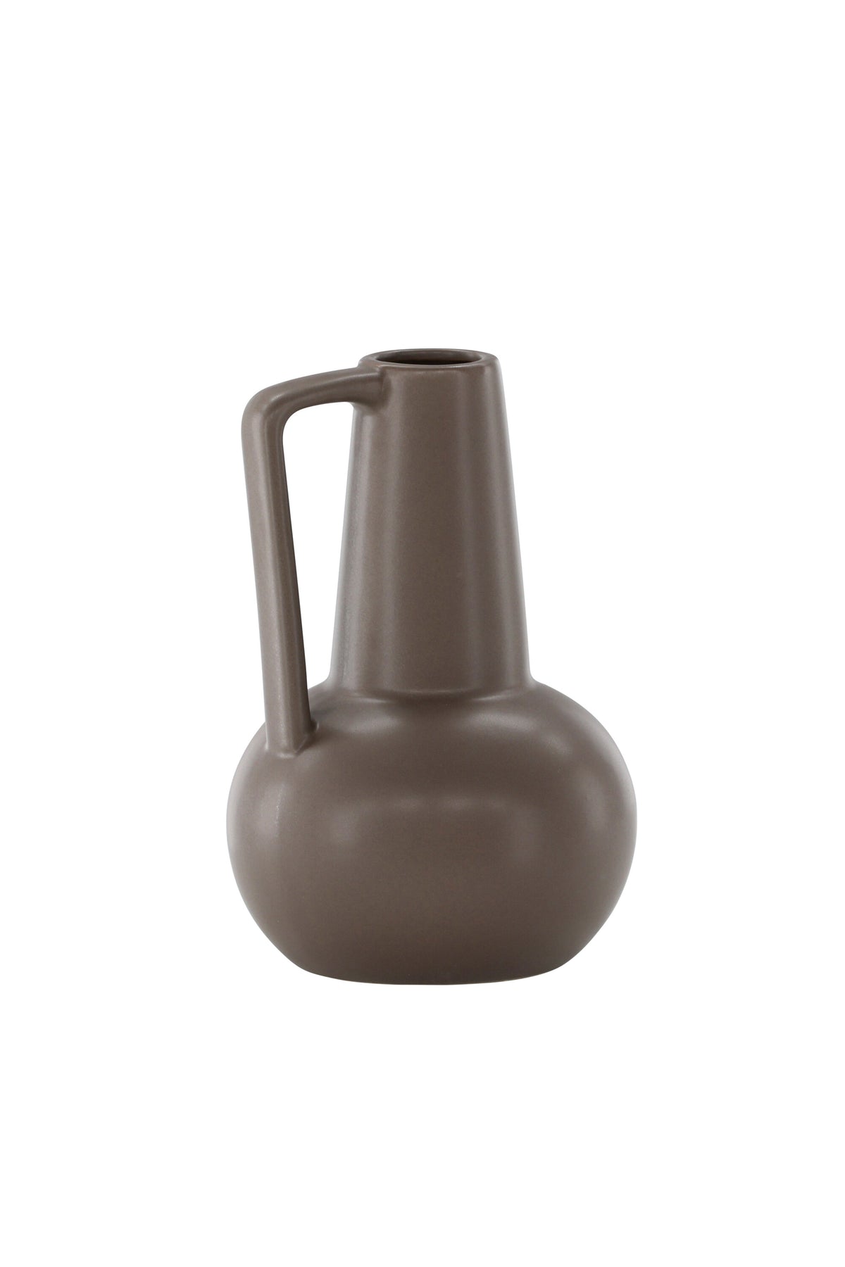 Zylindrische Vase aus Steinzeug in Beige und Schwarz mit seitlichem Griff, matte Oberfläche, Höhe 22 cm, Durchmesser 10 cm.