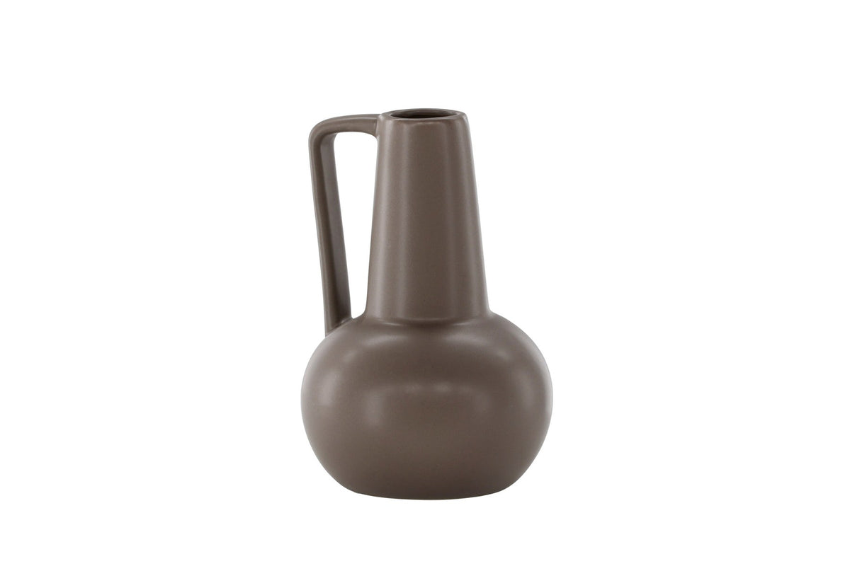 Zylindrische Vase aus Steinzeug in Beige und Schwarz mit seitlichem Griff, matte Oberfläche, Höhe 22 cm, Durchmesser 10 cm.