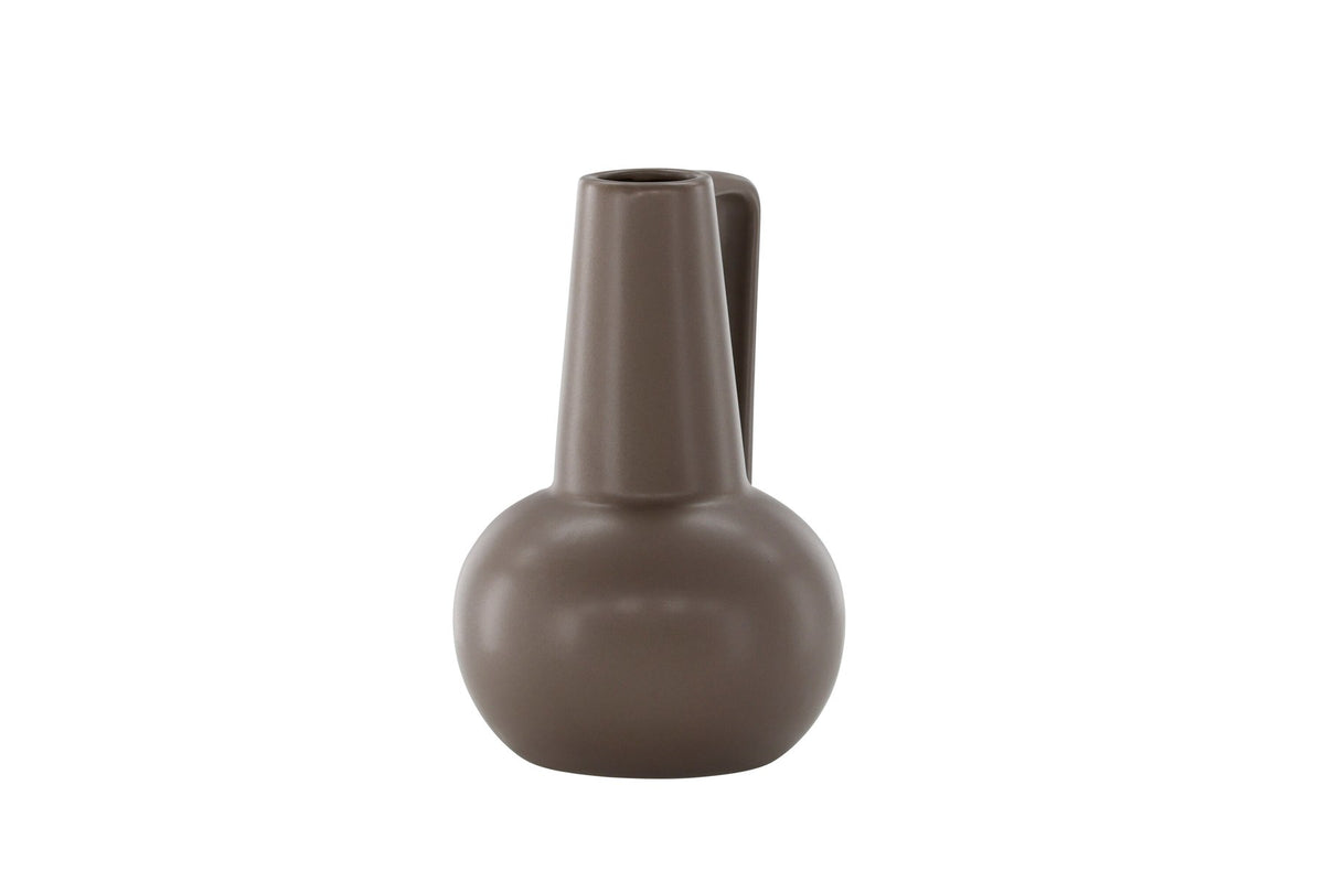 Zylindrische Vase aus Steinzeug in Beige und Schwarz mit seitlichem Griff, matte Oberfläche, Höhe 22 cm, Durchmesser 10 cm.