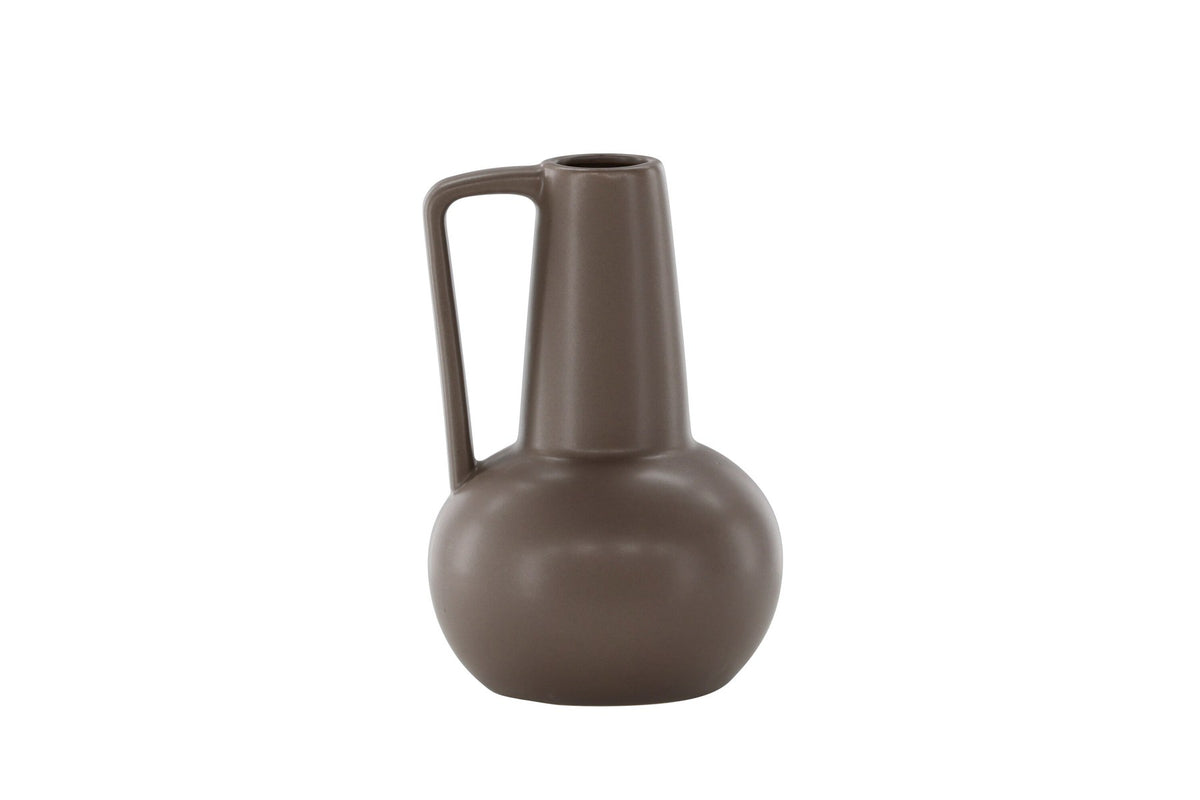 Zylindrische Vase aus Steinzeug in Beige und Schwarz mit seitlichem Griff, matte Oberfläche, Höhe 22 cm, Durchmesser 10 cm.