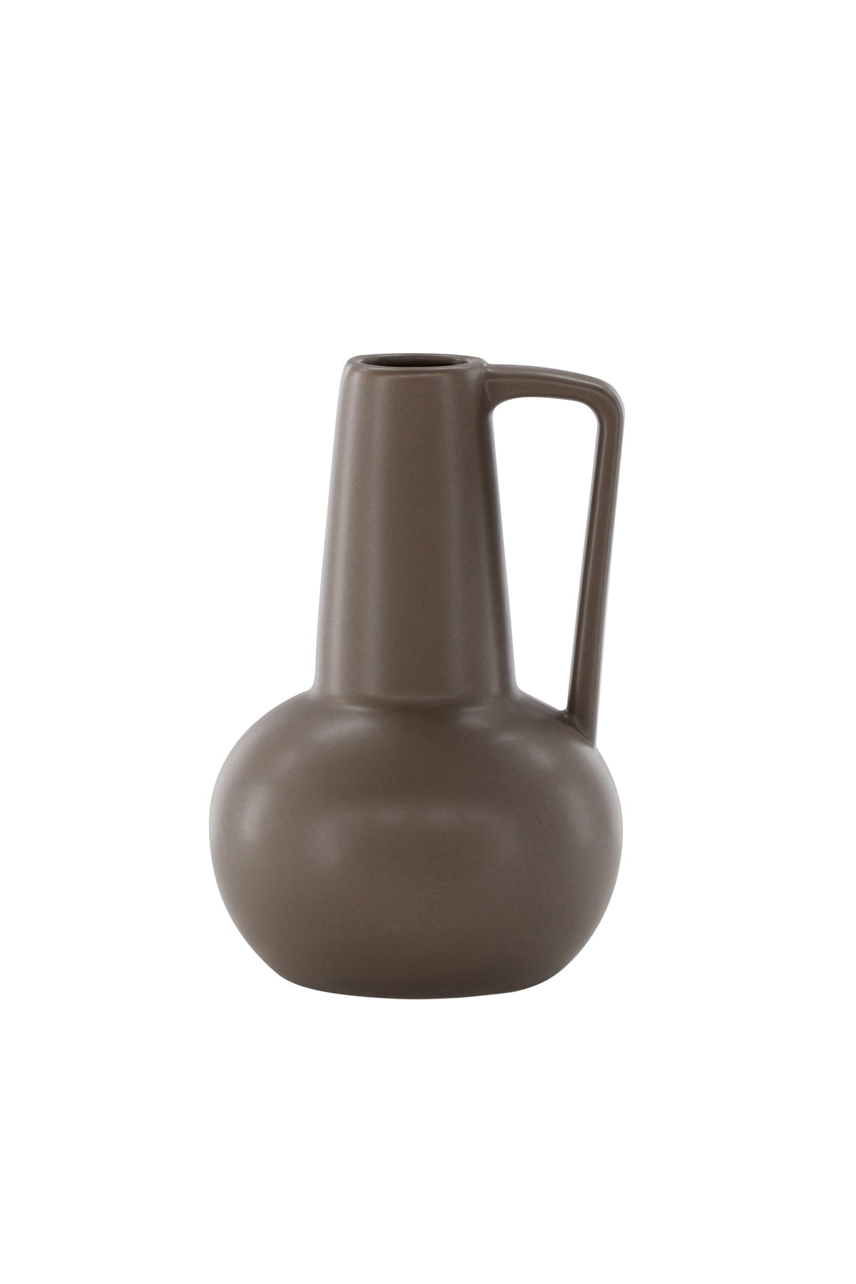 Zylindrische Vase aus Steinzeug in Beige und Schwarz mit seitlichem Griff, matte Oberfläche, Höhe 22 cm, Durchmesser 10 cm.