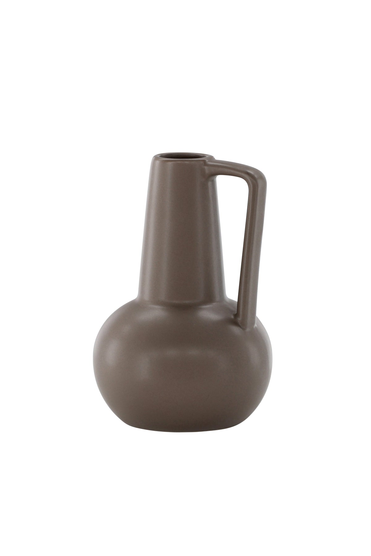 Zylindrische Vase aus Steinzeug in Beige und Schwarz mit seitlichem Griff, matte Oberfläche, Höhe 22 cm, Durchmesser 10 cm.