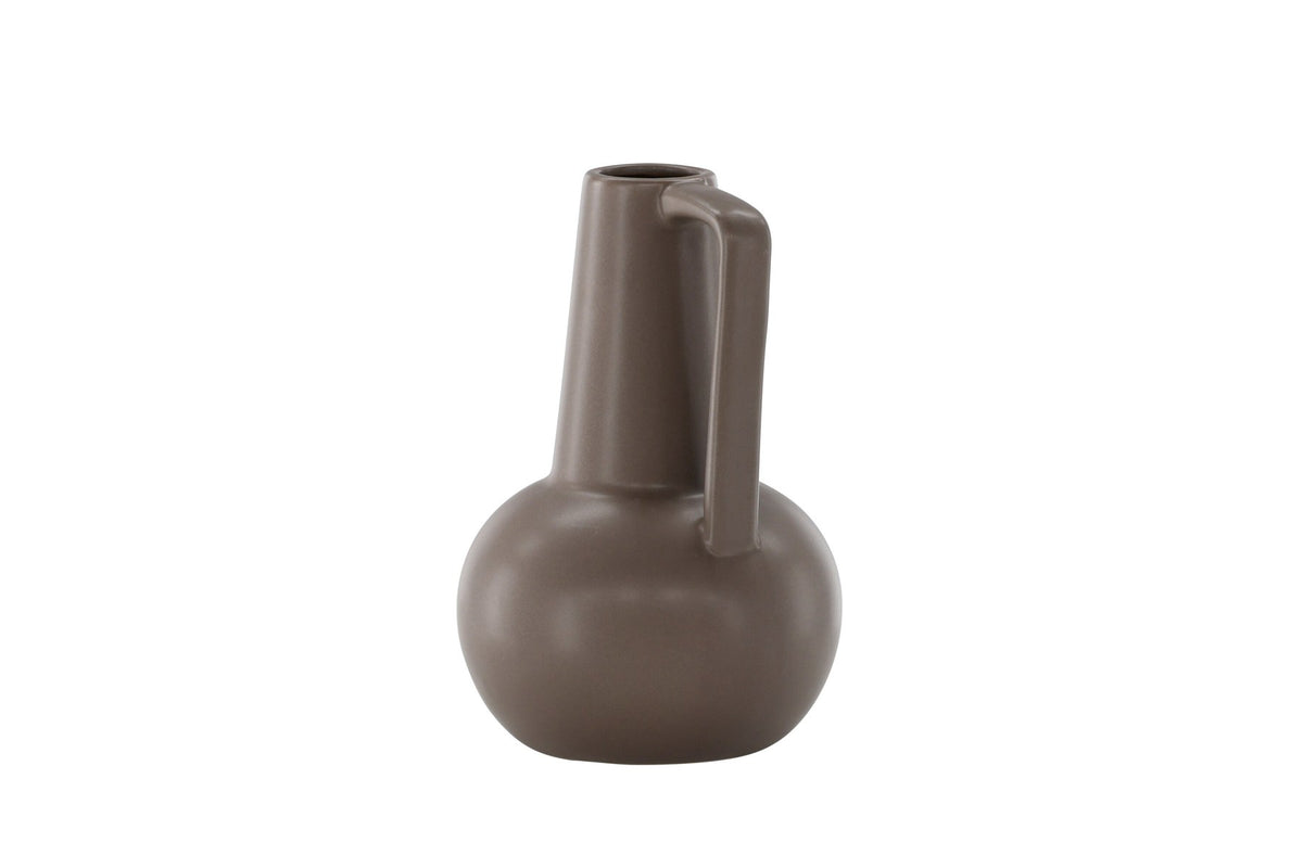 Zylindrische Vase aus Steinzeug in Beige und Schwarz mit seitlichem Griff, matte Oberfläche, Höhe 22 cm, Durchmesser 10 cm.
