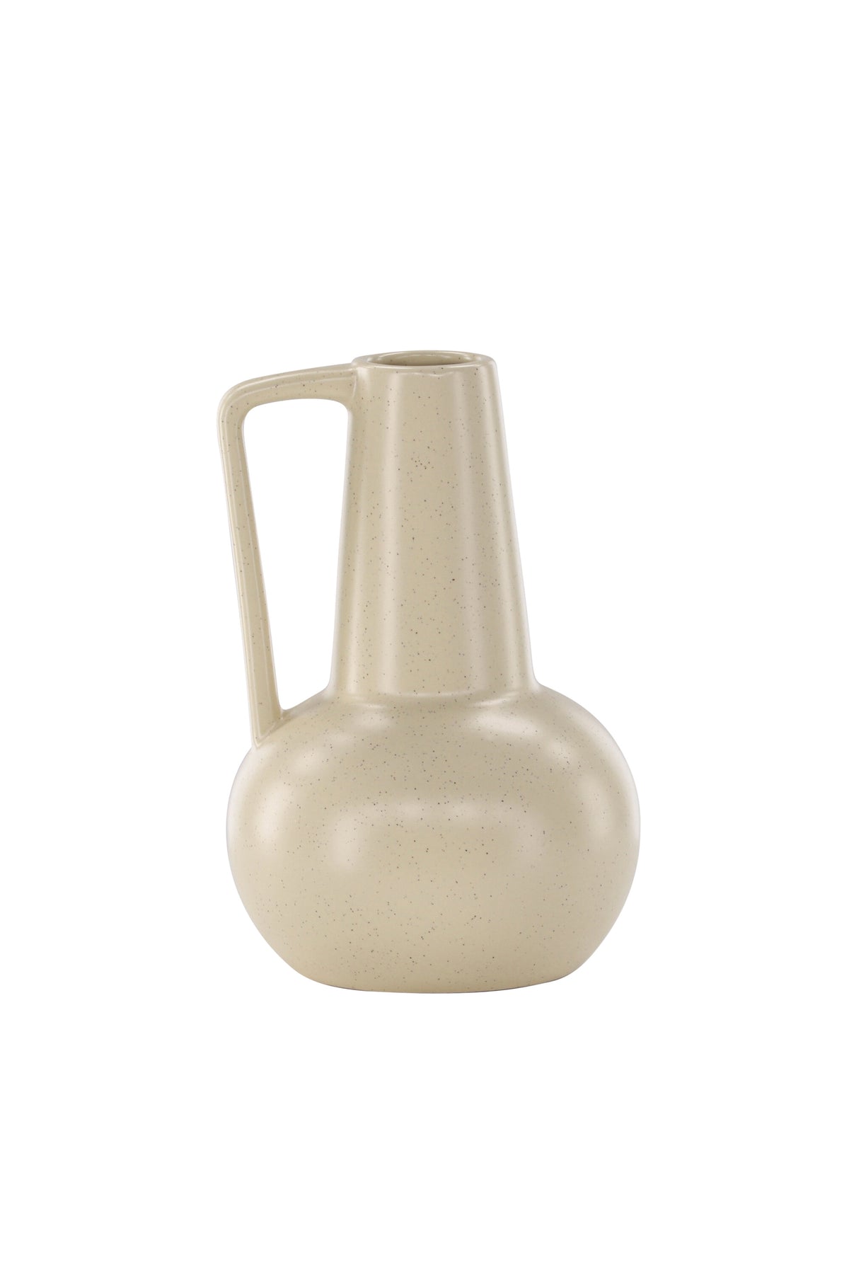 Zylindrische Vase aus Steinzeug in Beige und Schwarz mit seitlichem Griff, matte Oberfläche, Höhe 22 cm, Durchmesser 10 cm.
