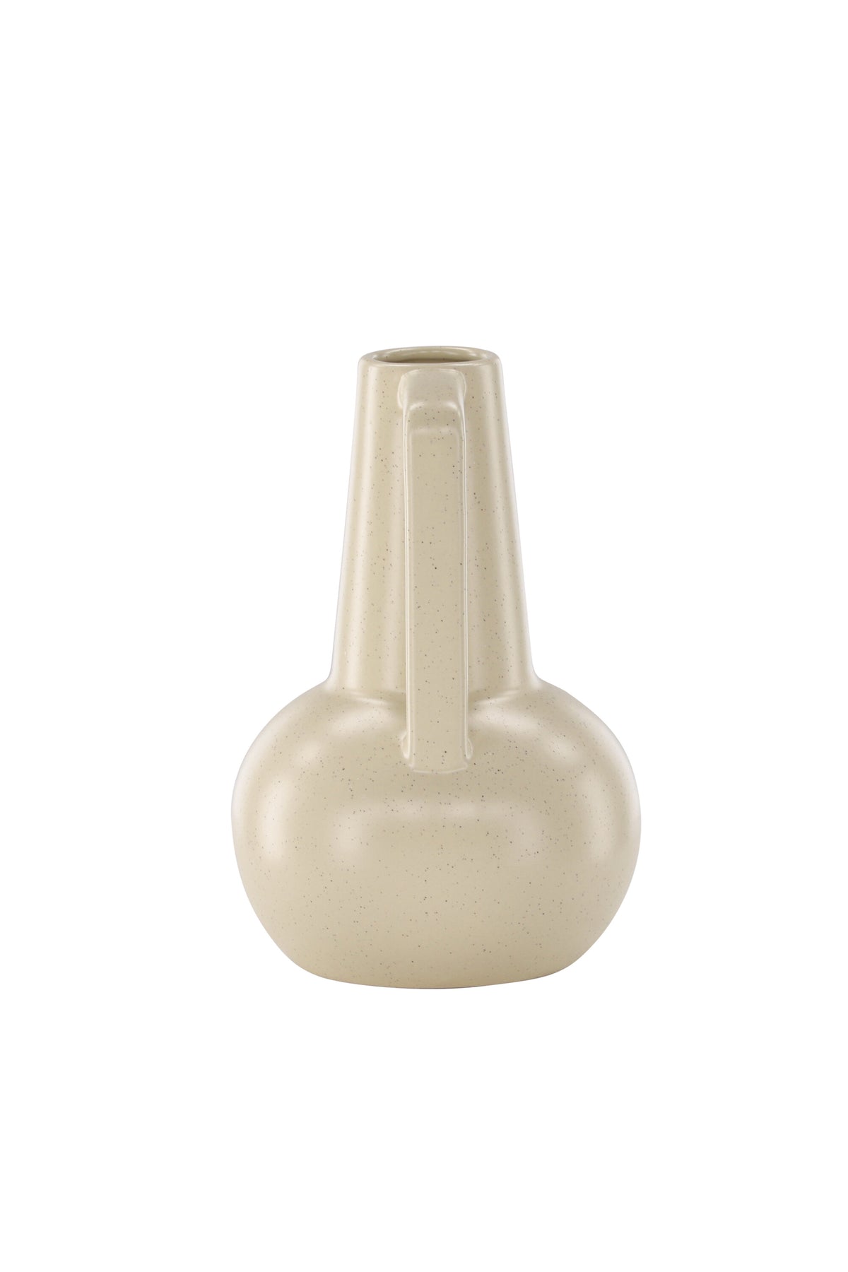 Zylindrische Vase aus Steinzeug in Beige und Schwarz mit seitlichem Griff, matte Oberfläche, Höhe 22 cm, Durchmesser 10 cm.