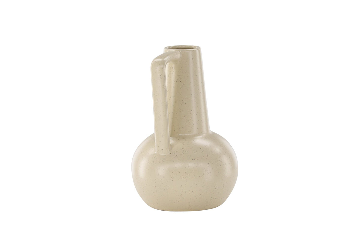 Zylindrische Vase aus Steinzeug in Beige und Schwarz mit seitlichem Griff, matte Oberfläche, Höhe 22 cm, Durchmesser 10 cm.