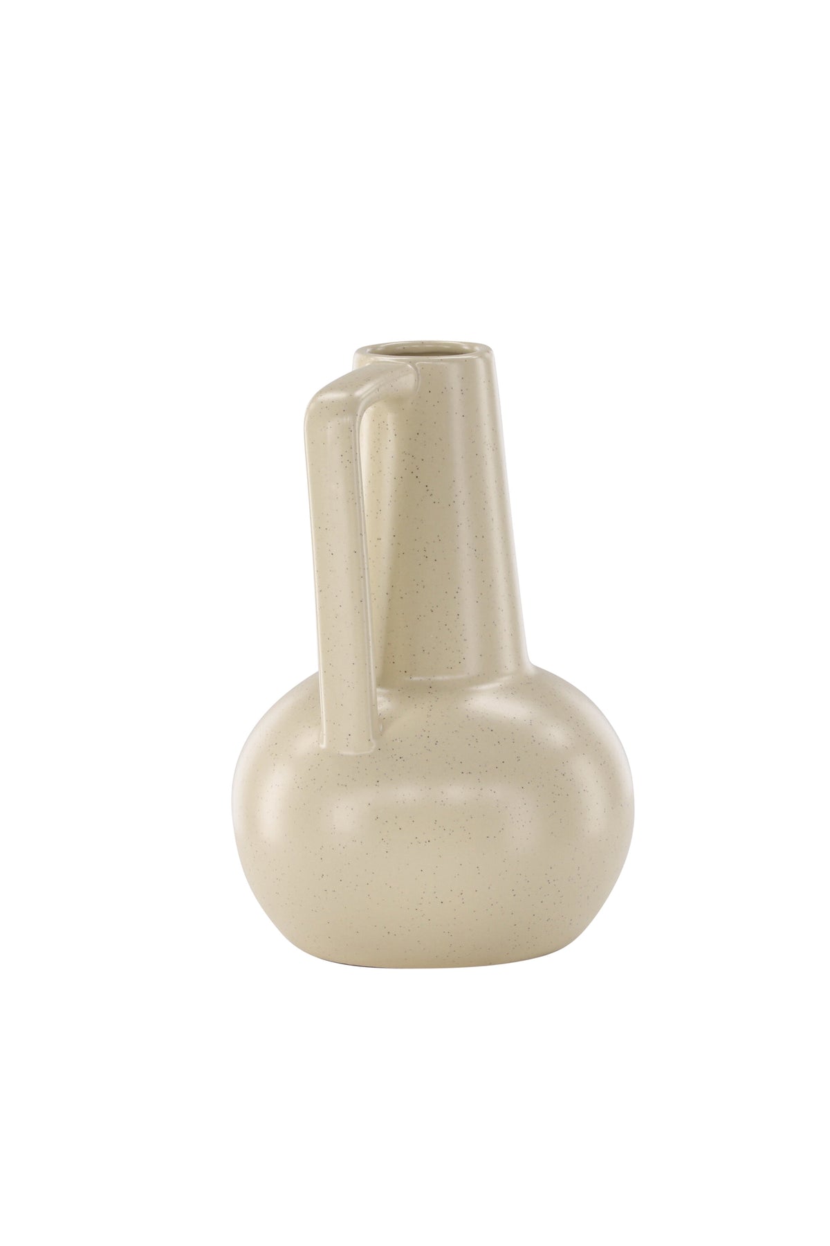 Zylindrische Vase aus Steinzeug in Beige und Schwarz mit seitlichem Griff, matte Oberfläche, Höhe 22 cm, Durchmesser 10 cm.