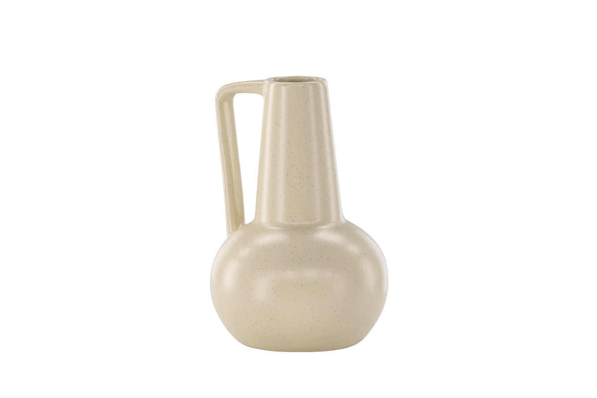 Zylindrische Vase aus Steinzeug in Beige und Schwarz mit seitlichem Griff, matte Oberfläche, Höhe 22 cm, Durchmesser 10 cm.