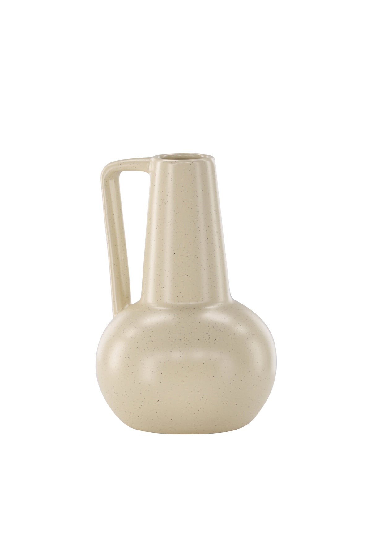 Zylindrische Vase aus Steinzeug in Beige und Schwarz mit seitlichem Griff, matte Oberfläche, Höhe 22 cm, Durchmesser 10 cm.